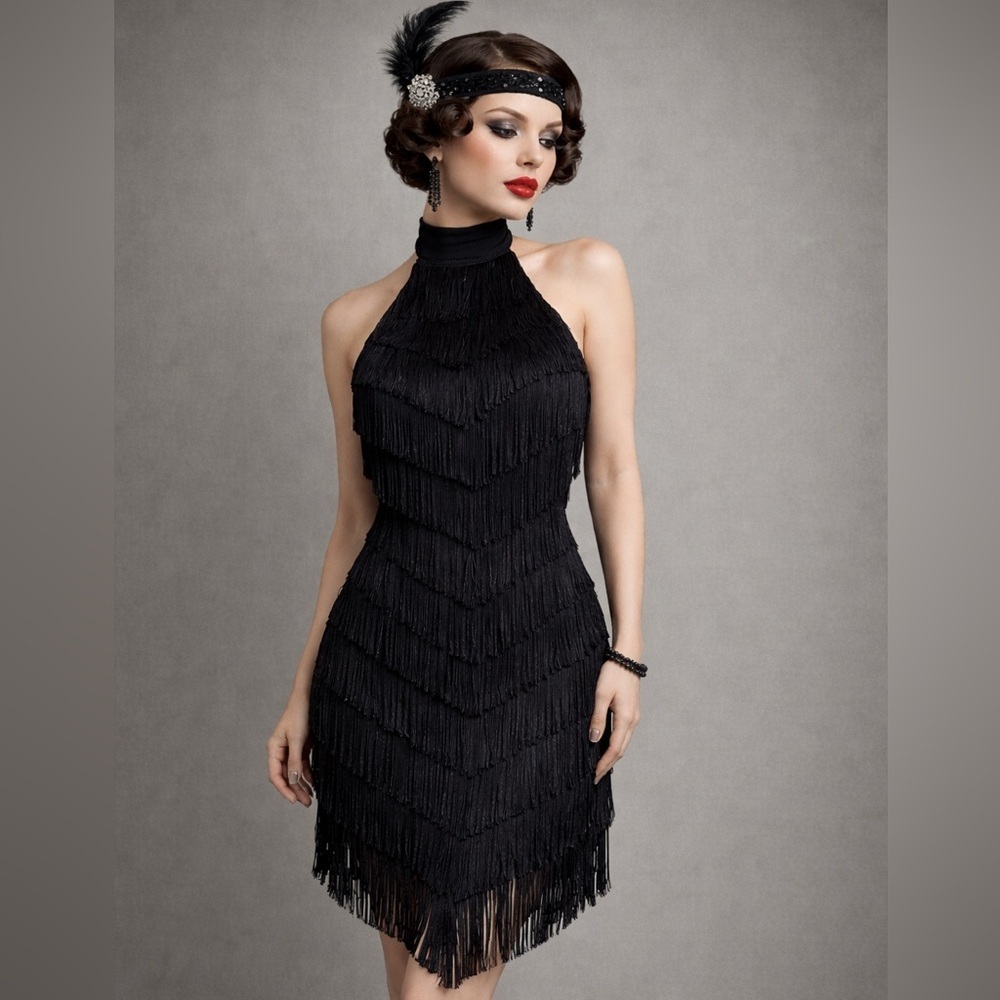 Vintage 90s Guess Collection Womens Black Fringe Dress Sz 2 Halter LBD Cocktail